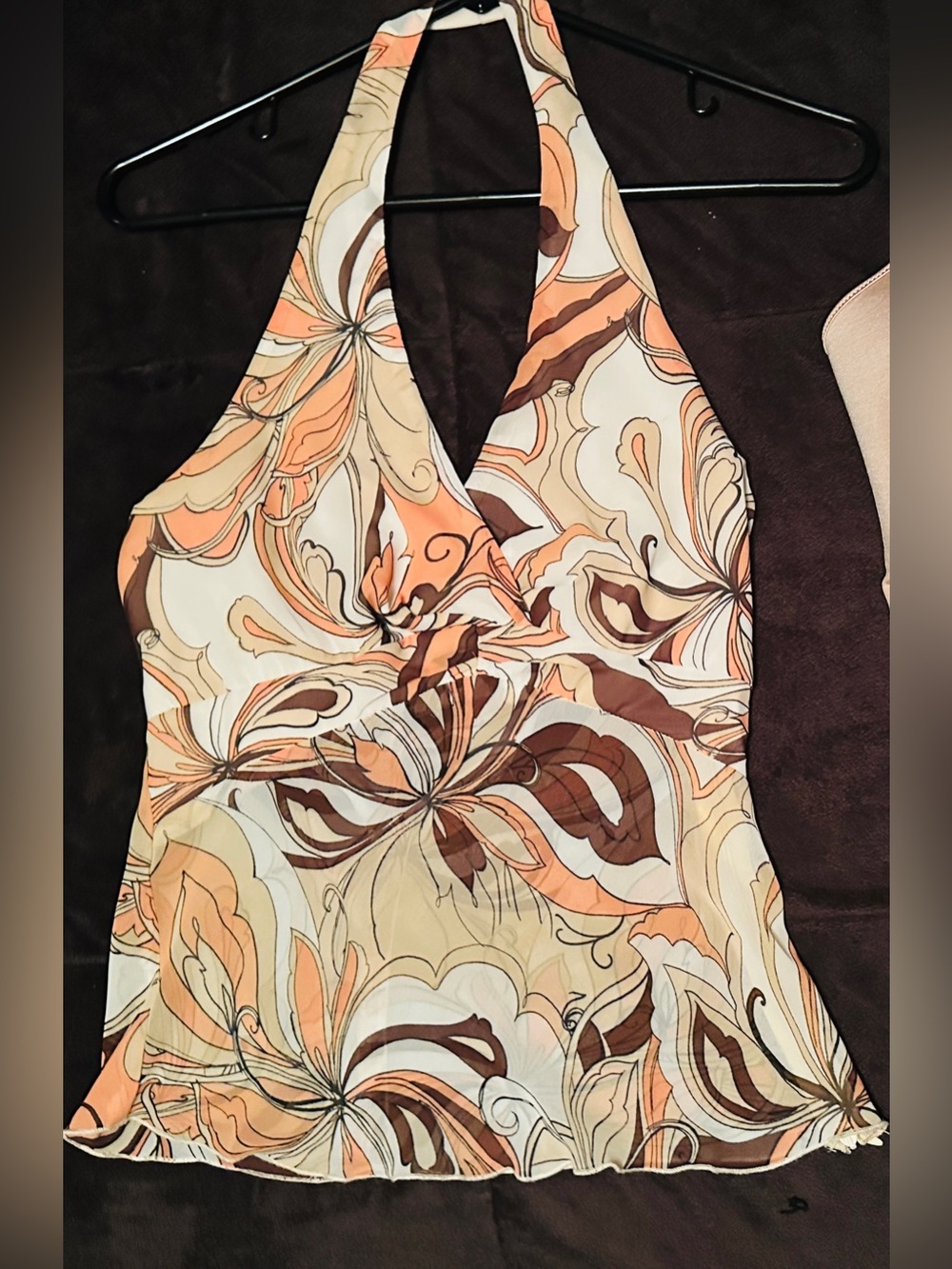 XOXO Floral Halter Top Cream Dark Brown & Orange Tones Preowned Sz S